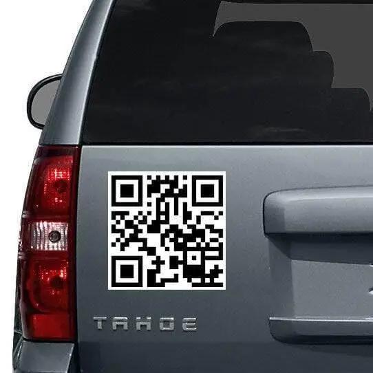 Custom QR code decal on a gray vehicle, showcasing a personalized design for easy scanning.