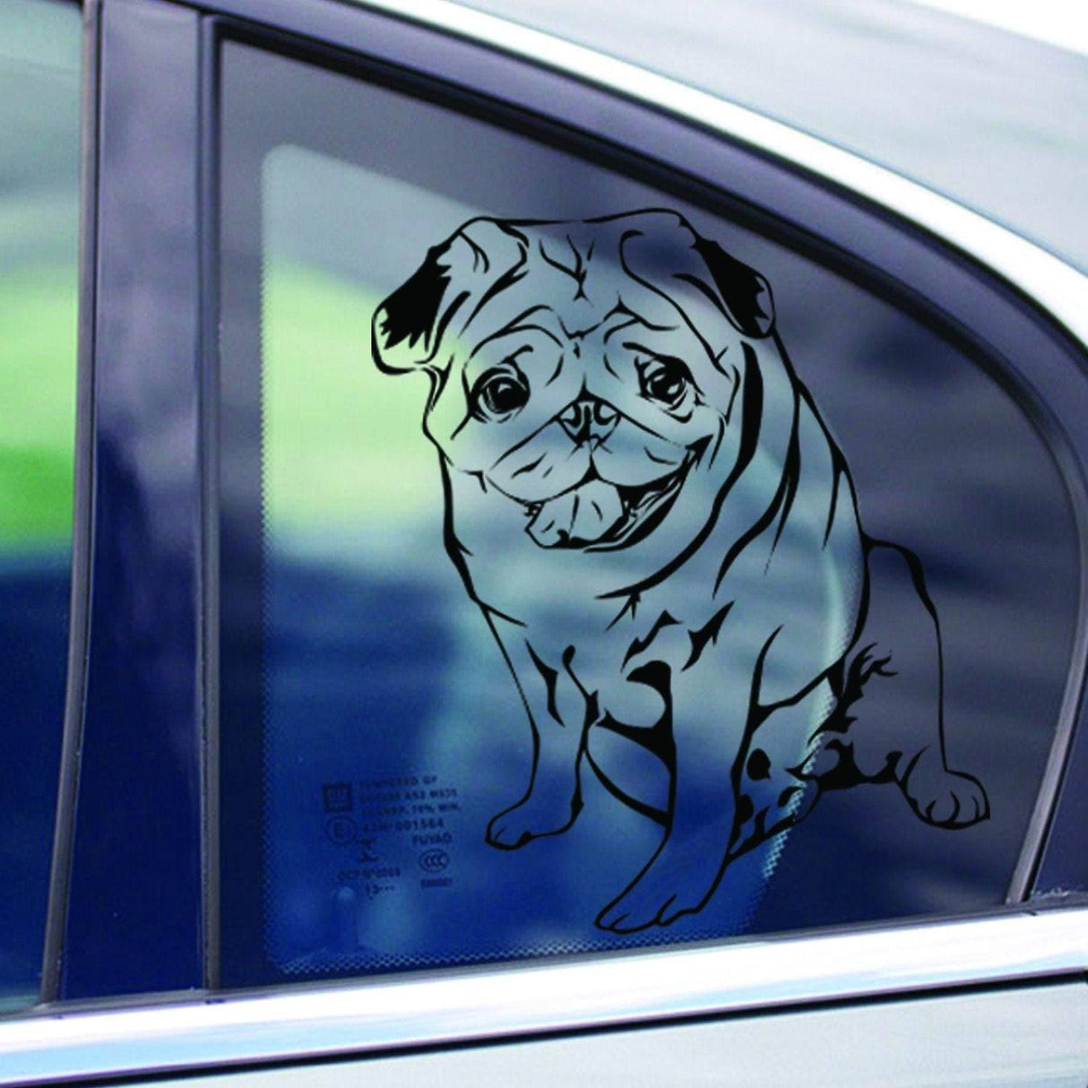 Custom vinyl decal of a happy pug on a car window, showcasing personalized pet art.