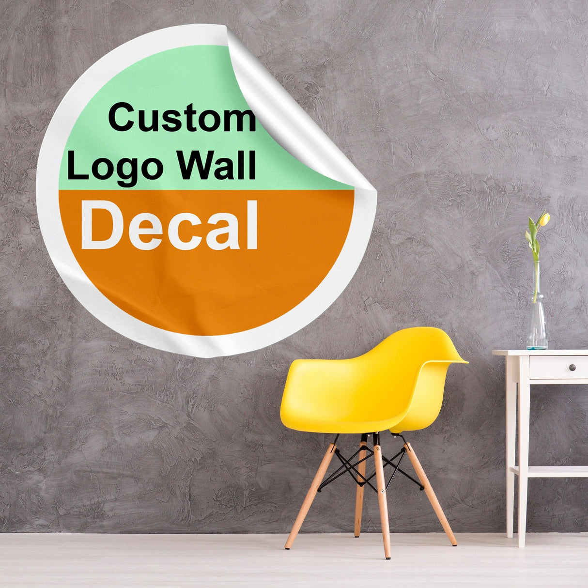 Custom logo wall decal sticker showcasing vibrant colors and modern design in a stylish room setting.