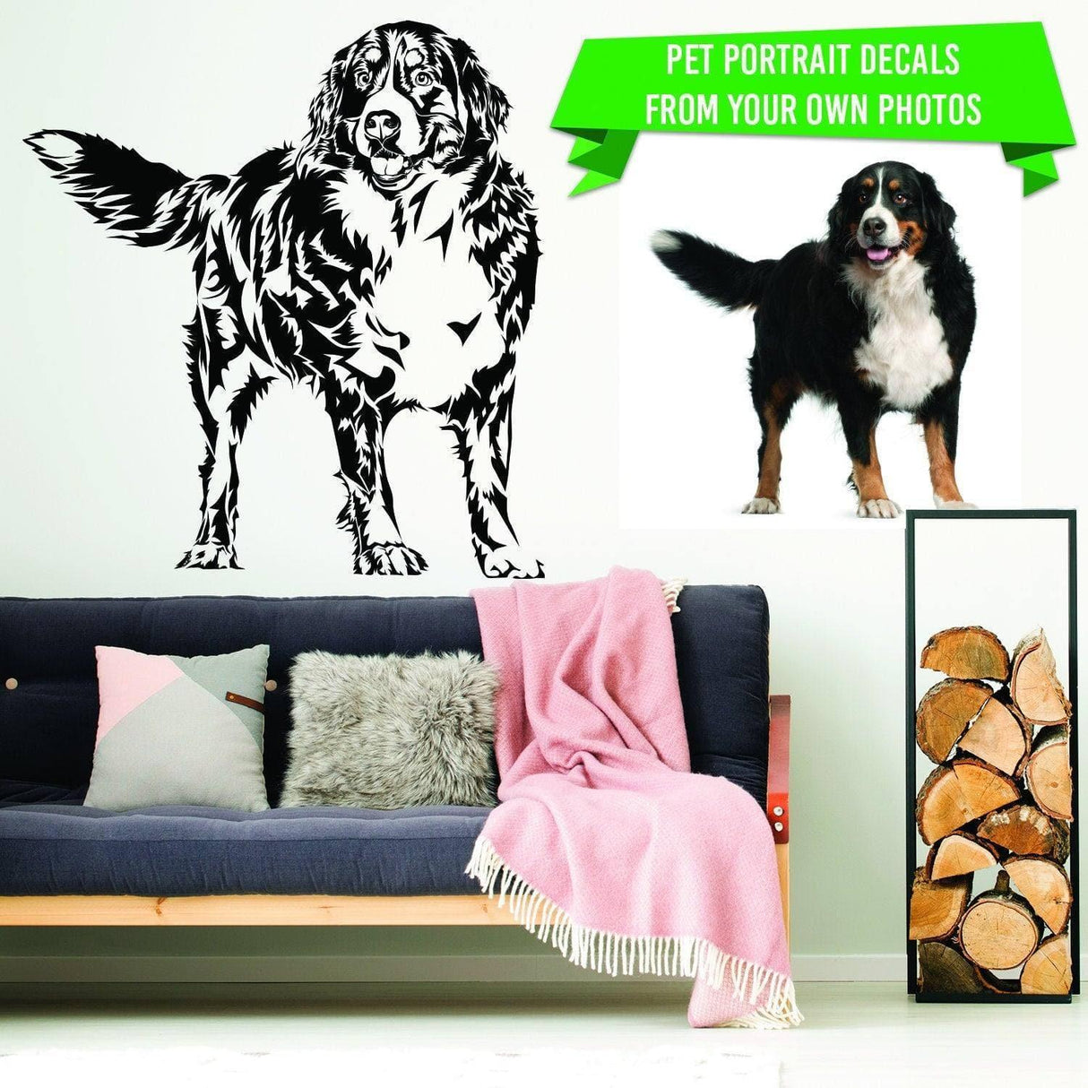 Customizable pet illustration decal on a living room wall next to a photo of a dog, showcasing personalized wall art.
