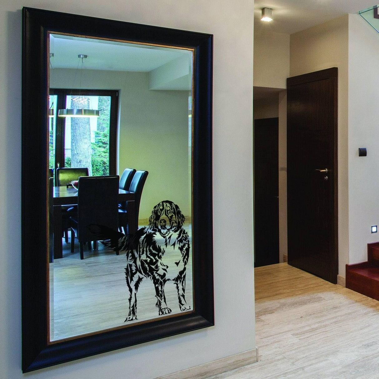Customizable dog illustration adhesive decal on a stylish mirror in a modern interior.