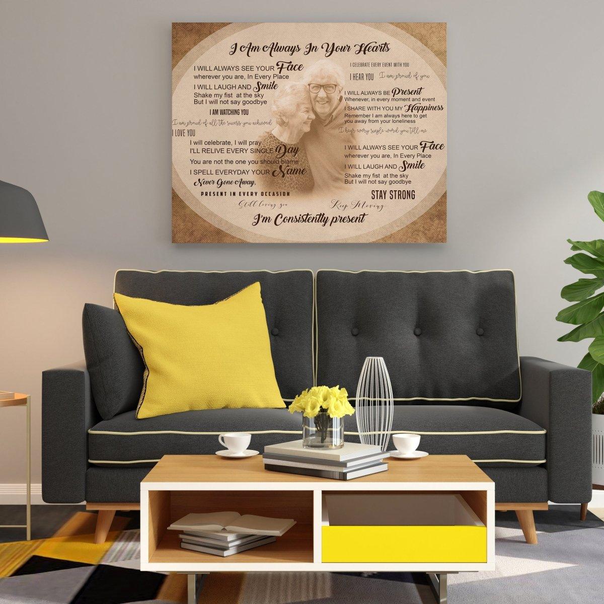 Personalized memorial canvas print with heartfelt tribute, displayed above a cozy gray sofa.