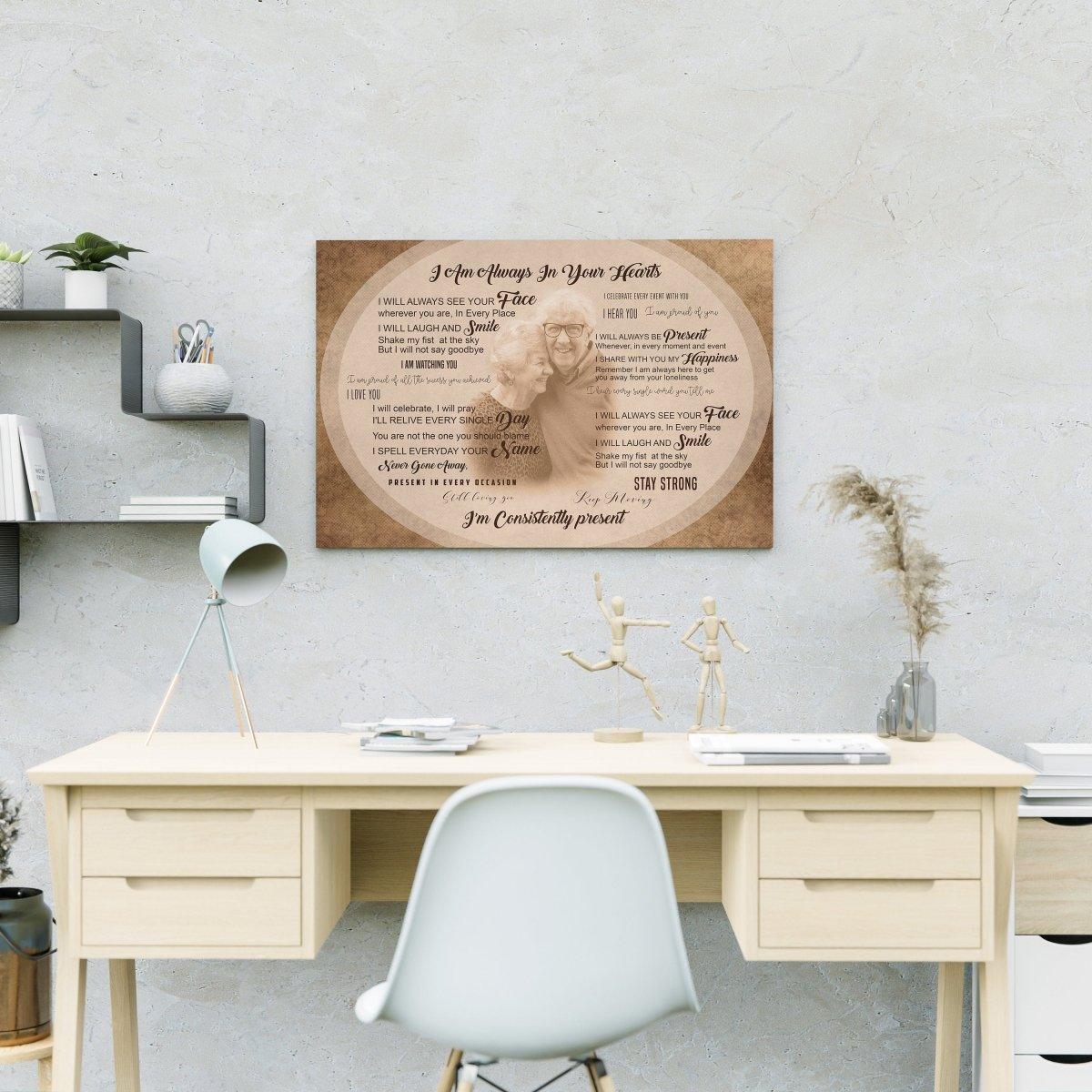 Personalized memorial canvas tribute displayed on a modern desk, honoring a loved one with heartfelt sayings.