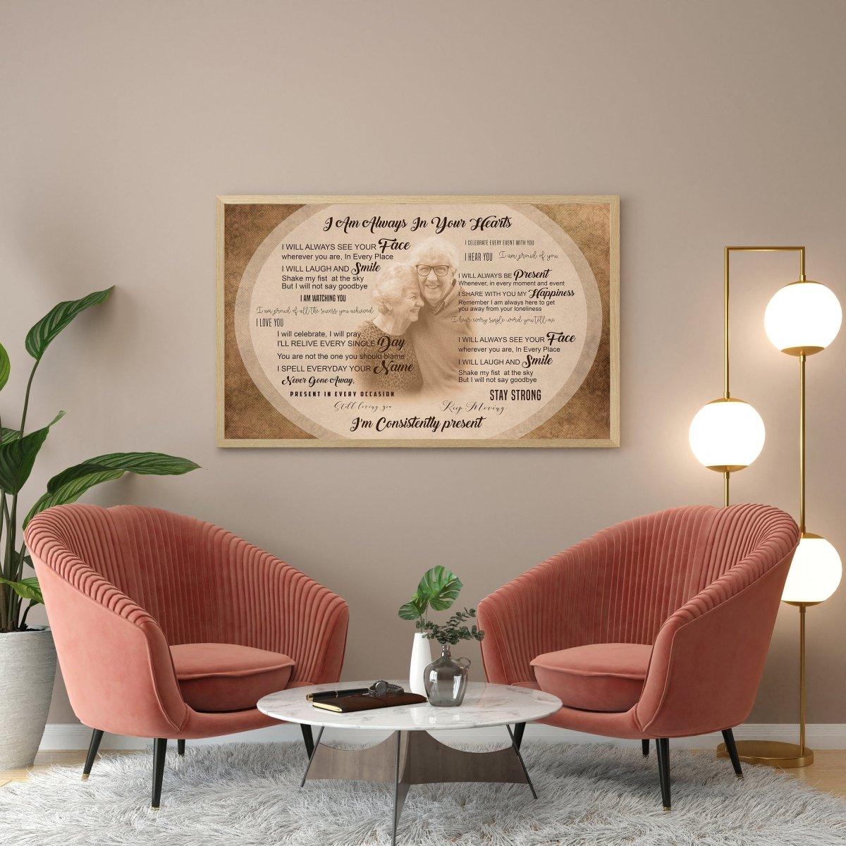 Personalized memorial canvas displayed in a cozy living room, honoring a loved one's memory.