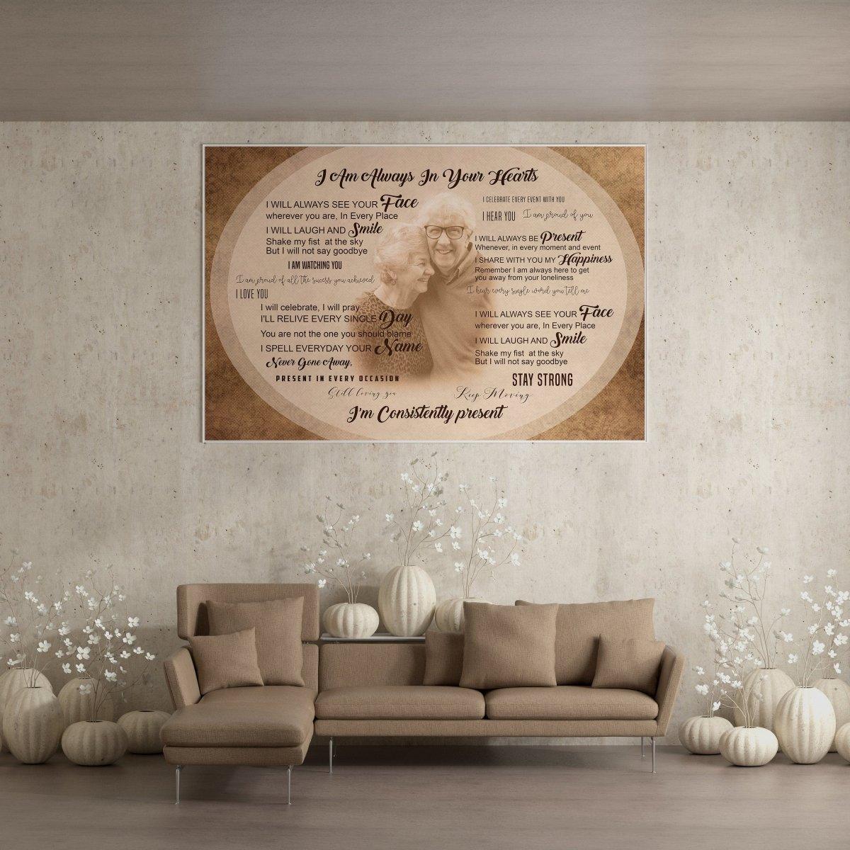 Customized memorial canvas art showcasing heartfelt tribute and comforting message for loved ones.