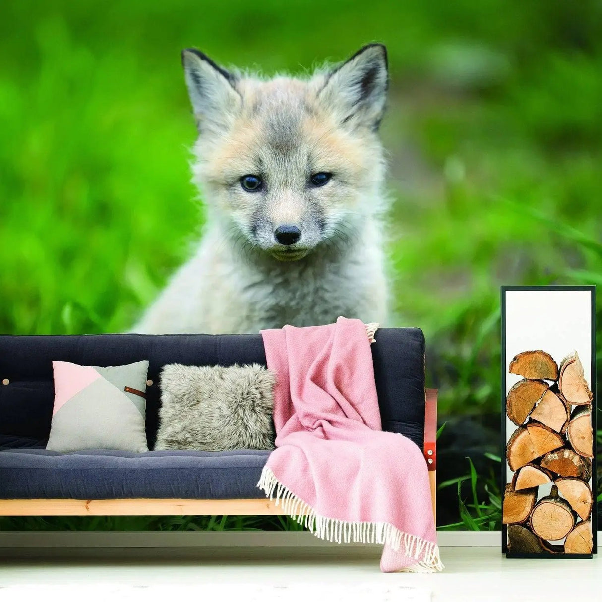 Adorable baby fox in a grassy field, perfect for a whimsical nursery wall art decoration.