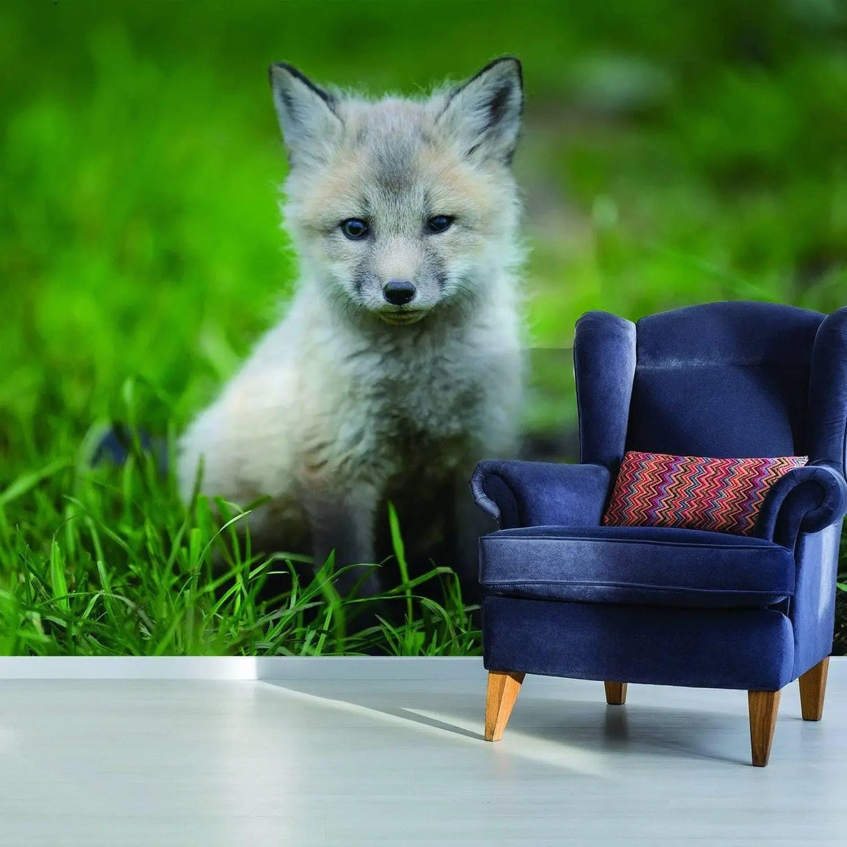 Whimsical fox wall art featuring a cute baby fox on grass, perfect for nursery decor.