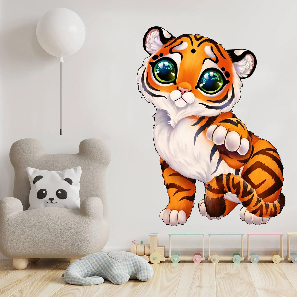 Whimsical tiger wall decal in a cozy nursery setting, adding playful charm and vibrant color to the child's room.