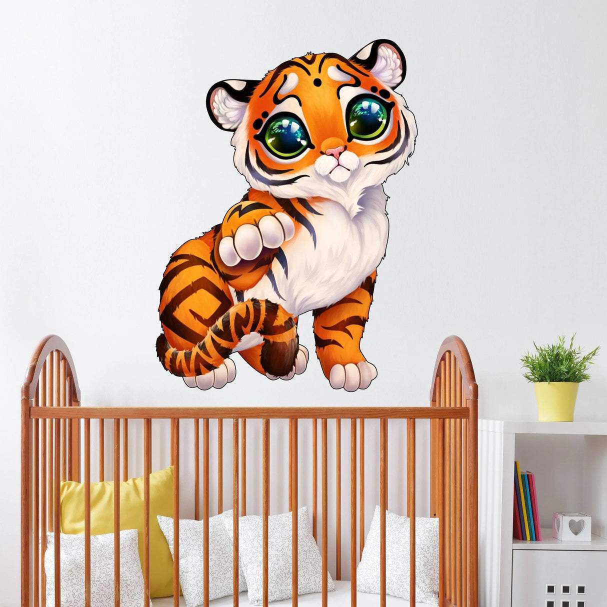 Cute whimsical tiger wall decal designed for nurseries, adding playful charm and vibrant colors to children's spaces.