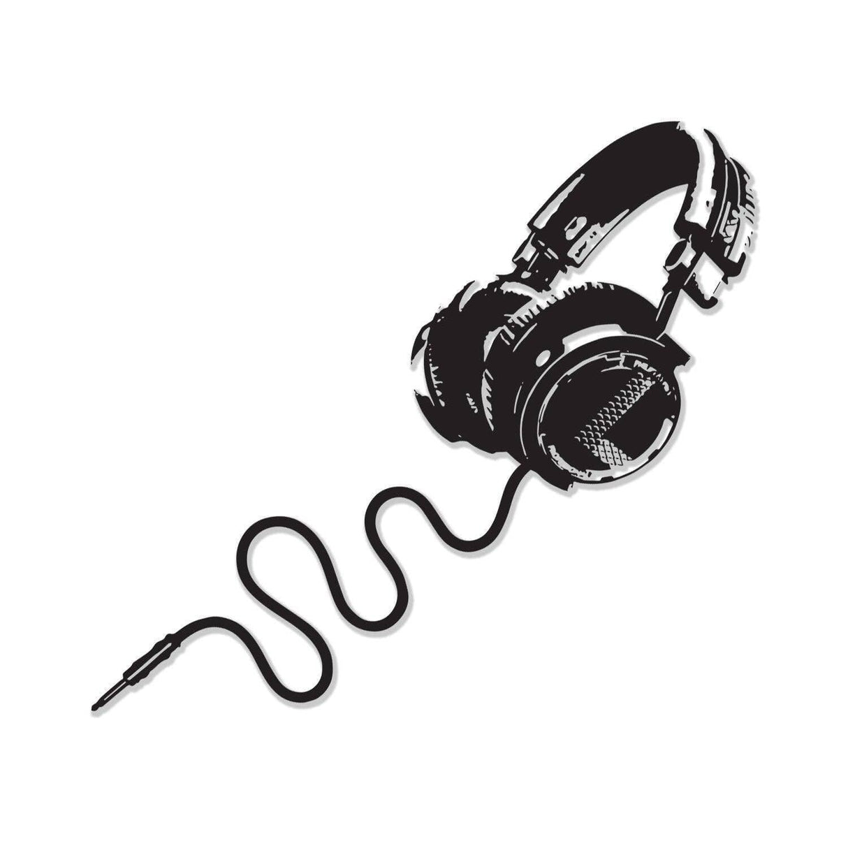 Decorative vinyl wall decal of black headphones with a curled cord, perfect for music lovers.
