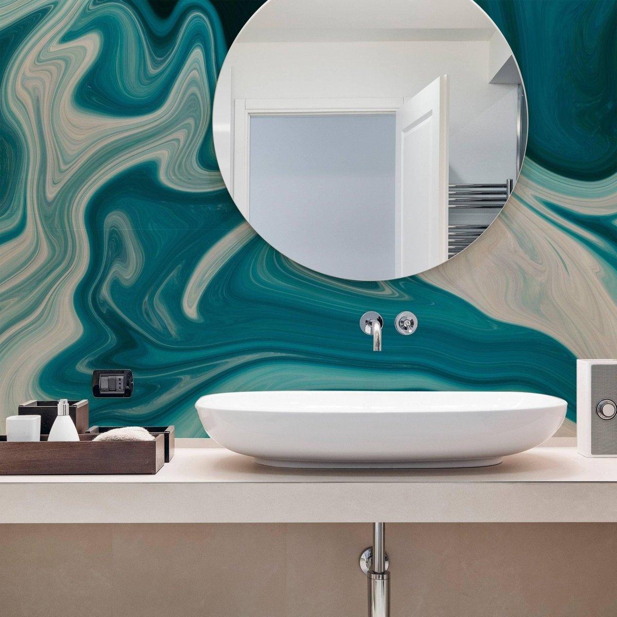 Elegant teal and marble self-adhesive wallpaper in a modern bathroom setting with a round mirror.