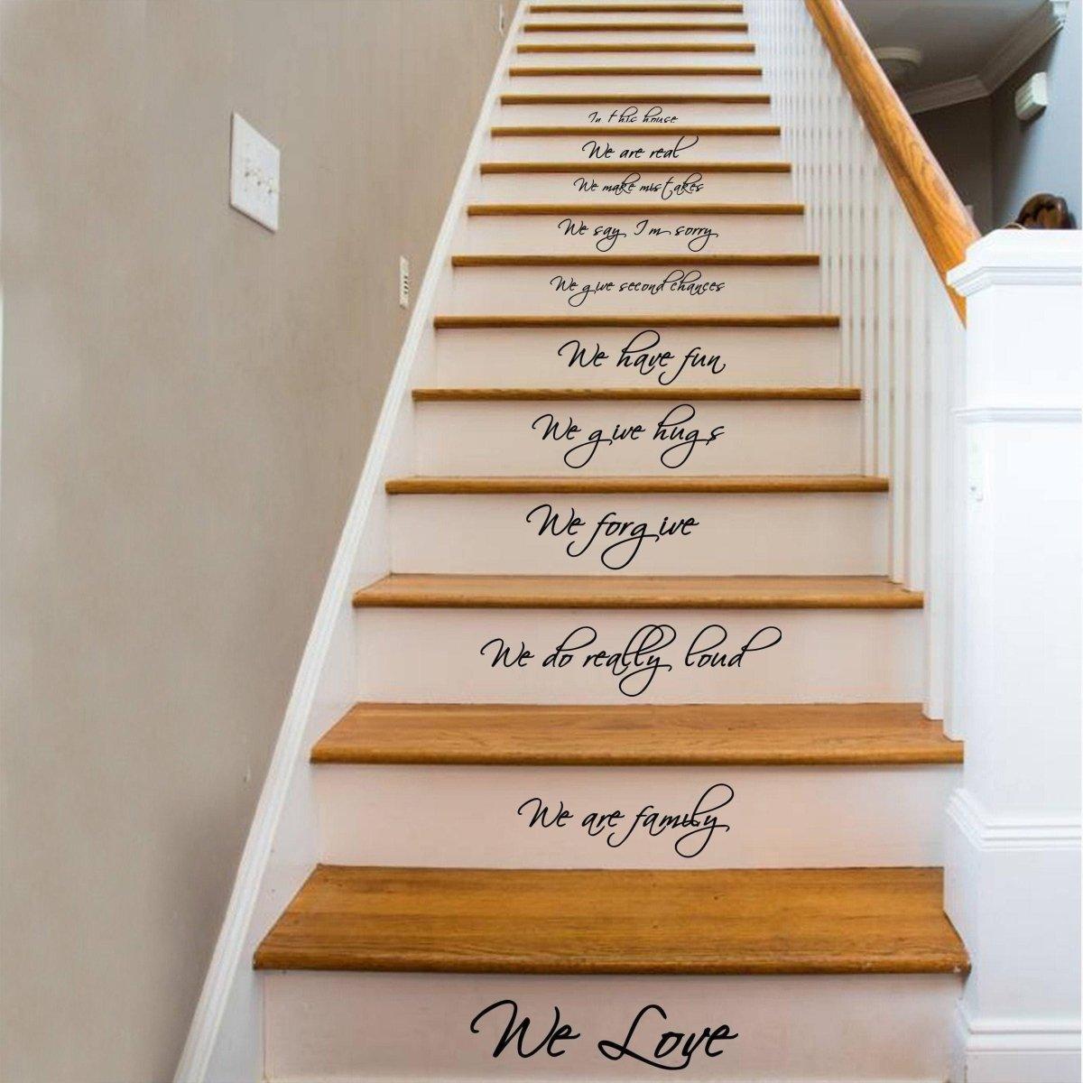 Elegant stair decals featuring inspirational quotes on wooden steps, enhancing home decor with style.