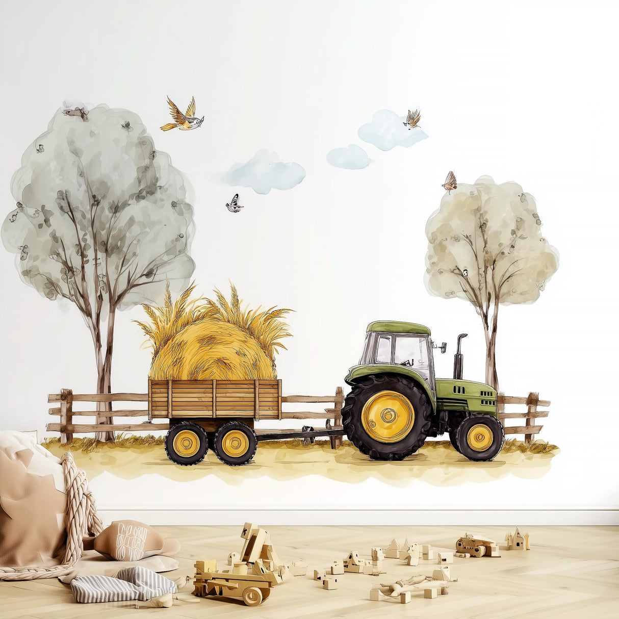 Farm tractor decal with hay trailer, trees, and fence for kids' room decor, creating a charming countryside scene.