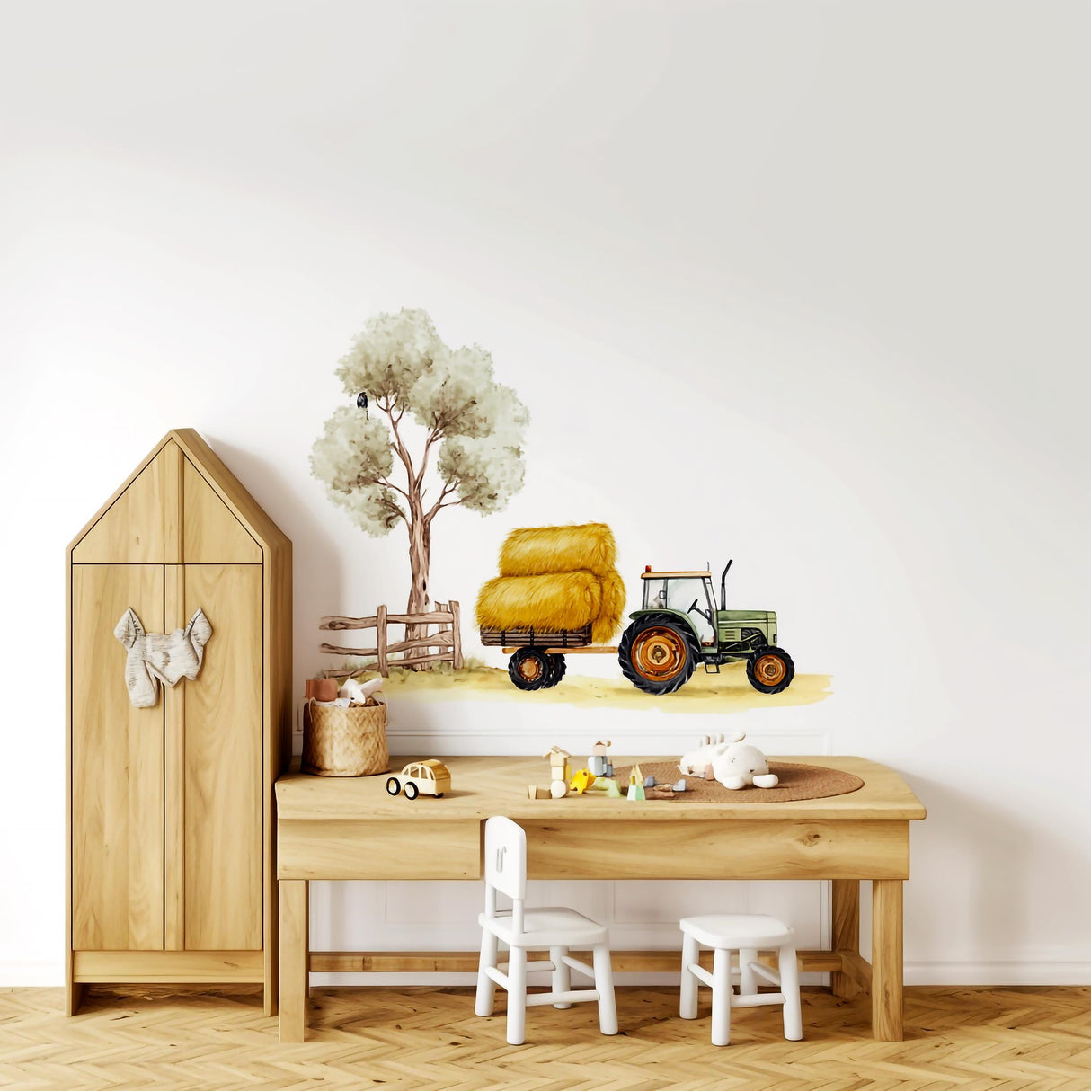 Farm tractor wall decal with hay bales and tree, perfect for kids' room nursery decor.