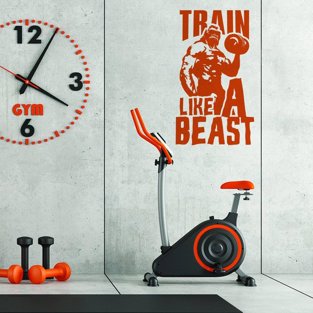 Inspirational wall sticker 'Train Like a Beast' in a modern gym with bike and weights.