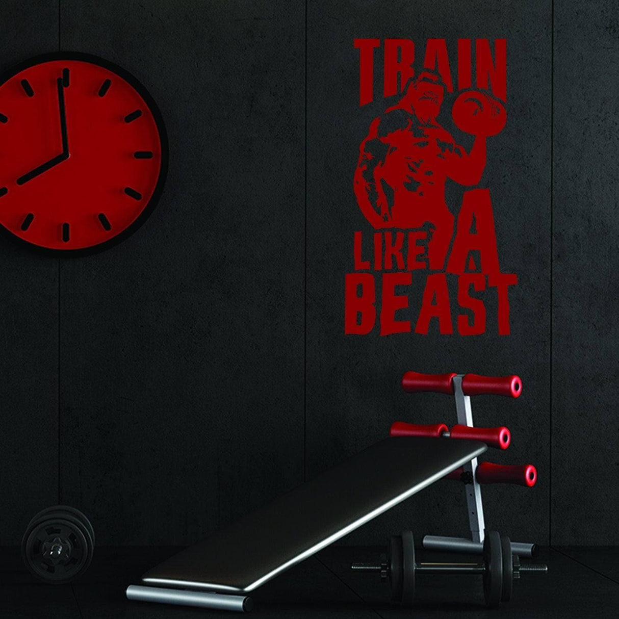 Inspirational 'Train Like a Beast' wall decal in a gym setting, designed to motivate fitness enthusiasts.