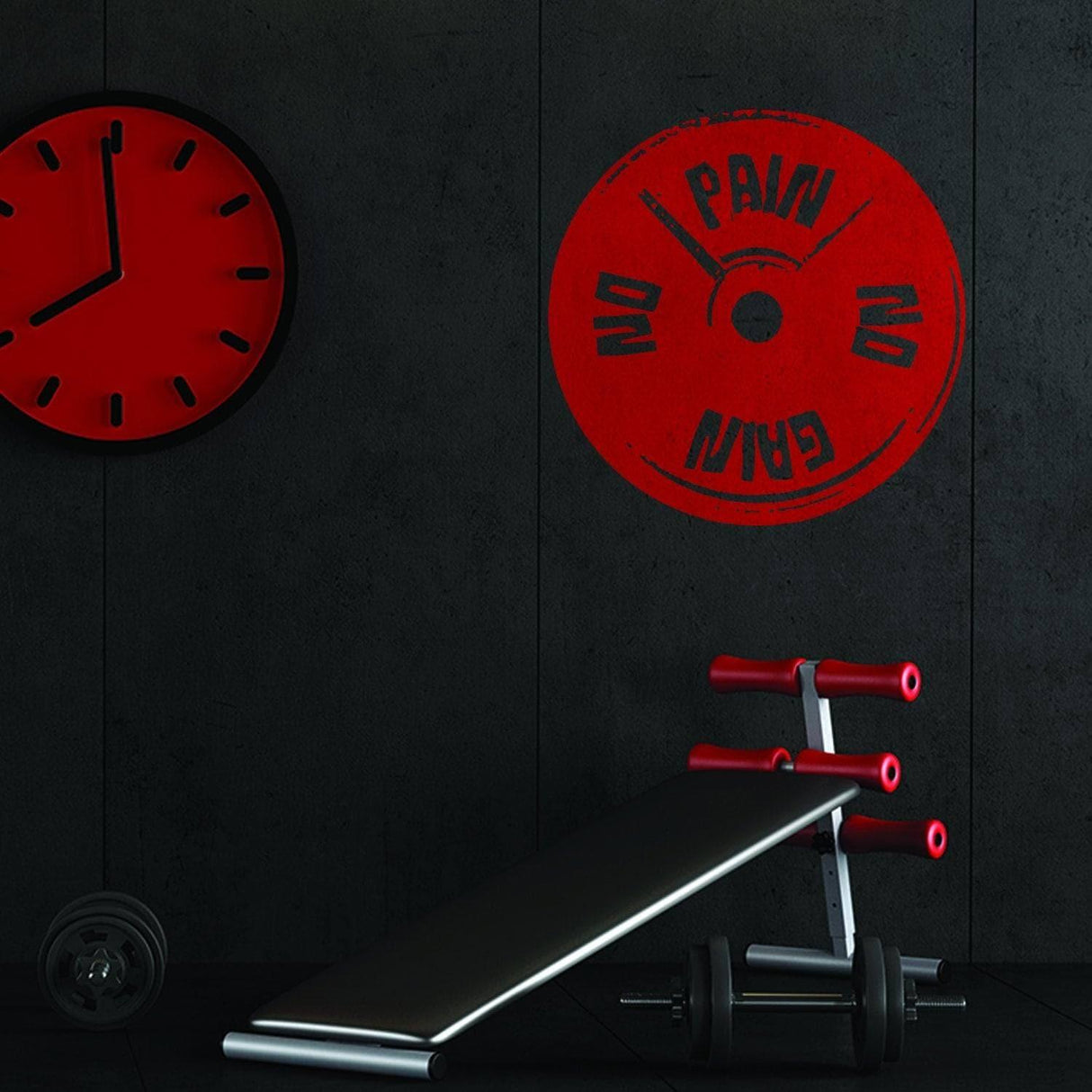 Inspirational red workout decal saying 'No Pain No Gain' on dark gym wall with exercise equipment.