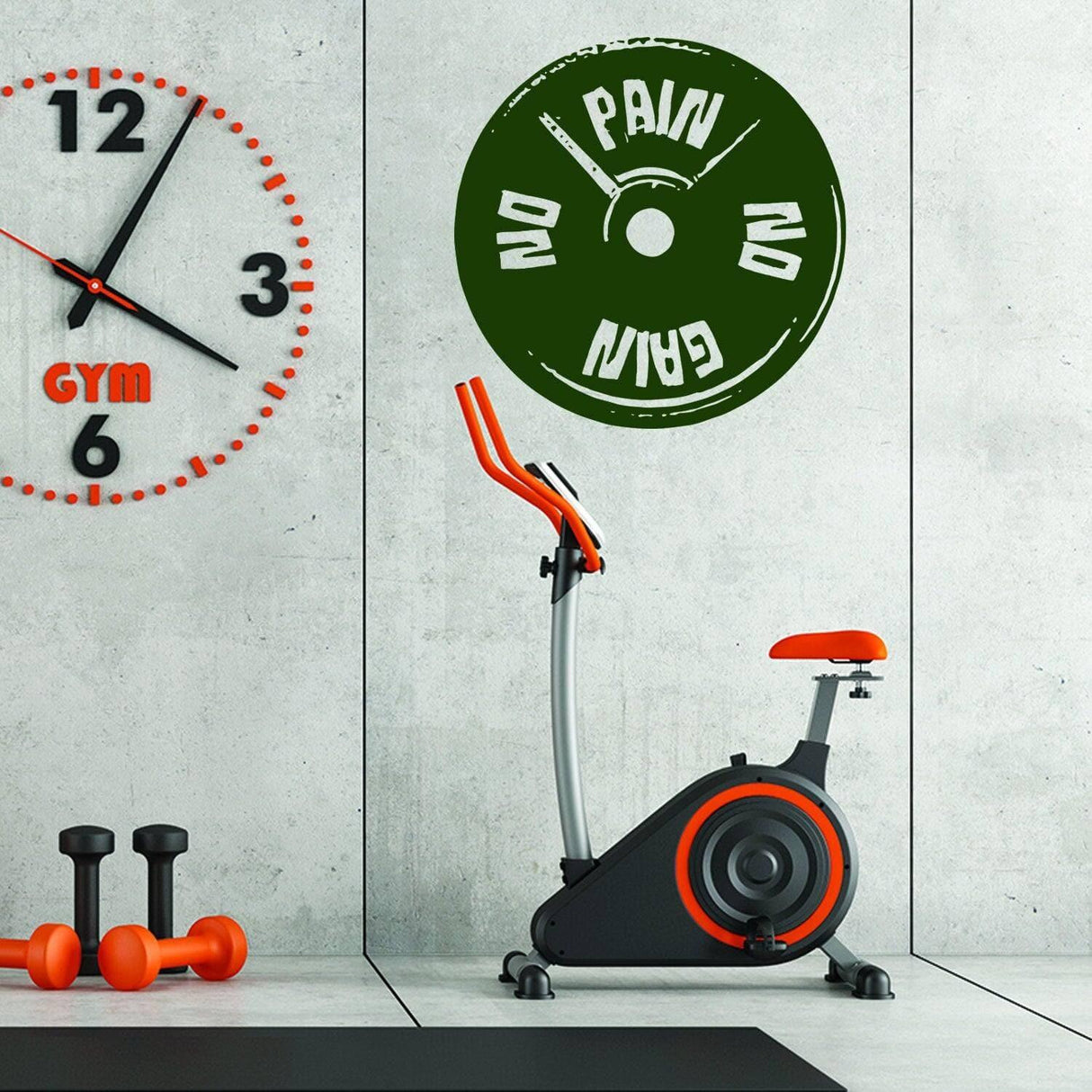 Inspirational workout wall sticker with 'No Pain No Gain' above an exercise bike in a modern gym setting.