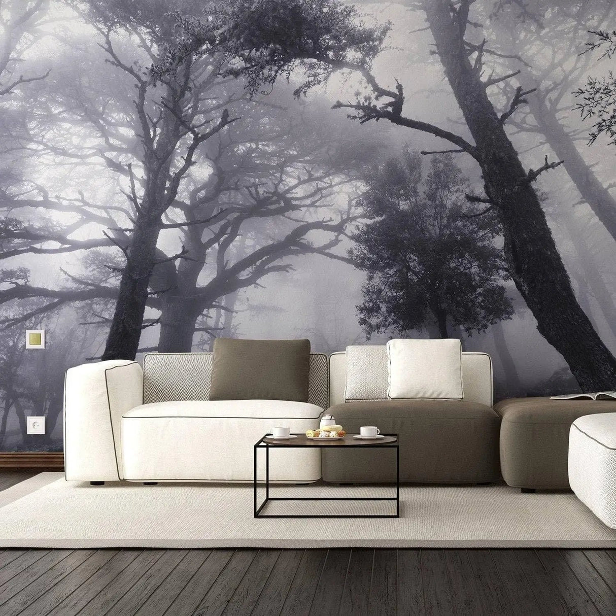 Misty forest wall mural featuring tall trees in fog, enhancing a modern living room with serene decor.