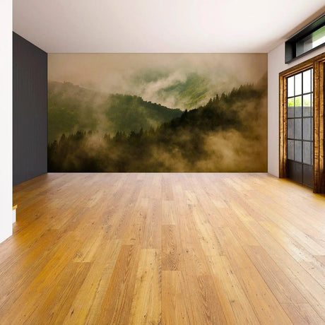 Misty Pine Hill Dreamscape Wall Covering featuring a foggy forest mural in a stylish room interior.