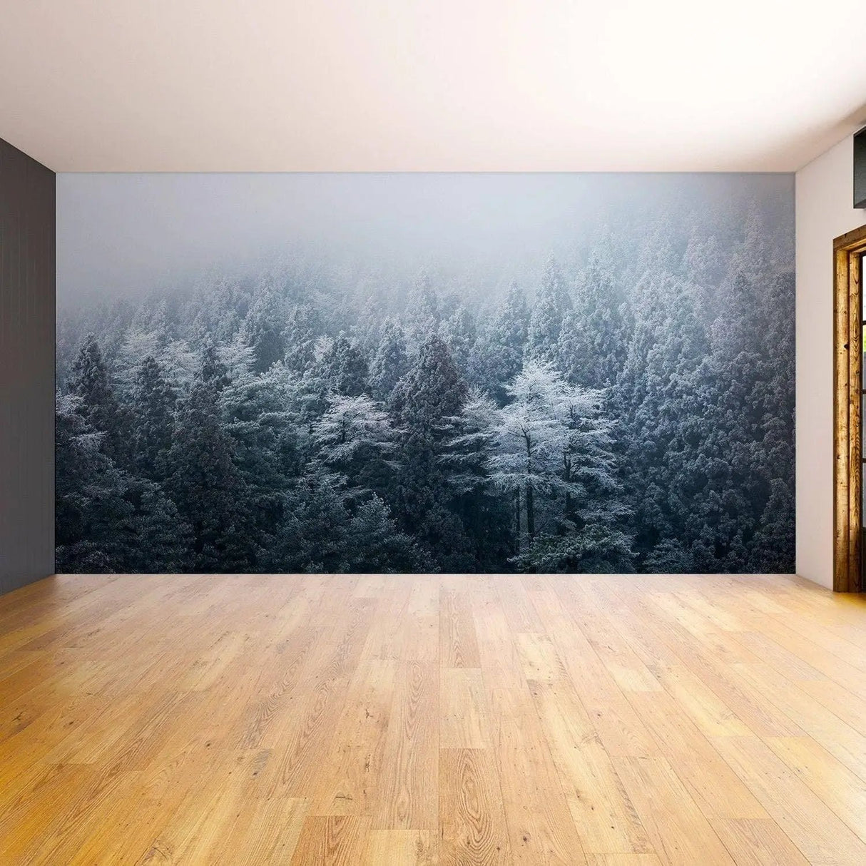 Misty Pine Hill wall mural depicting a serene foggy forest, perfect for creating a tranquil ambiance in any room.