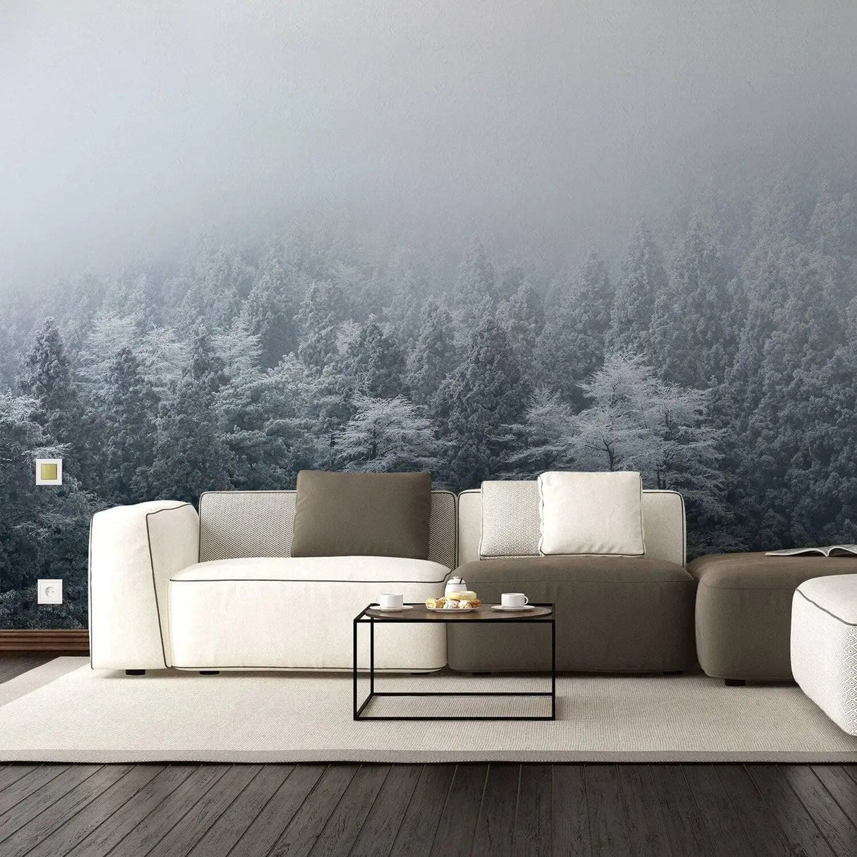 Misty Pine Hill wall mural in a modern living room with white and gray furniture, creating a serene sanctuary ambiance.