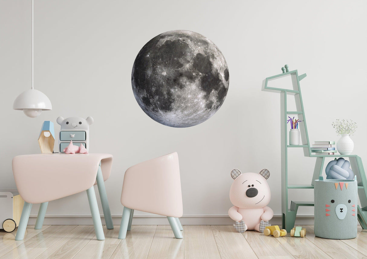 Large realistic full moon wall sticker in a children's room, enhancing celestial decor and creativity.