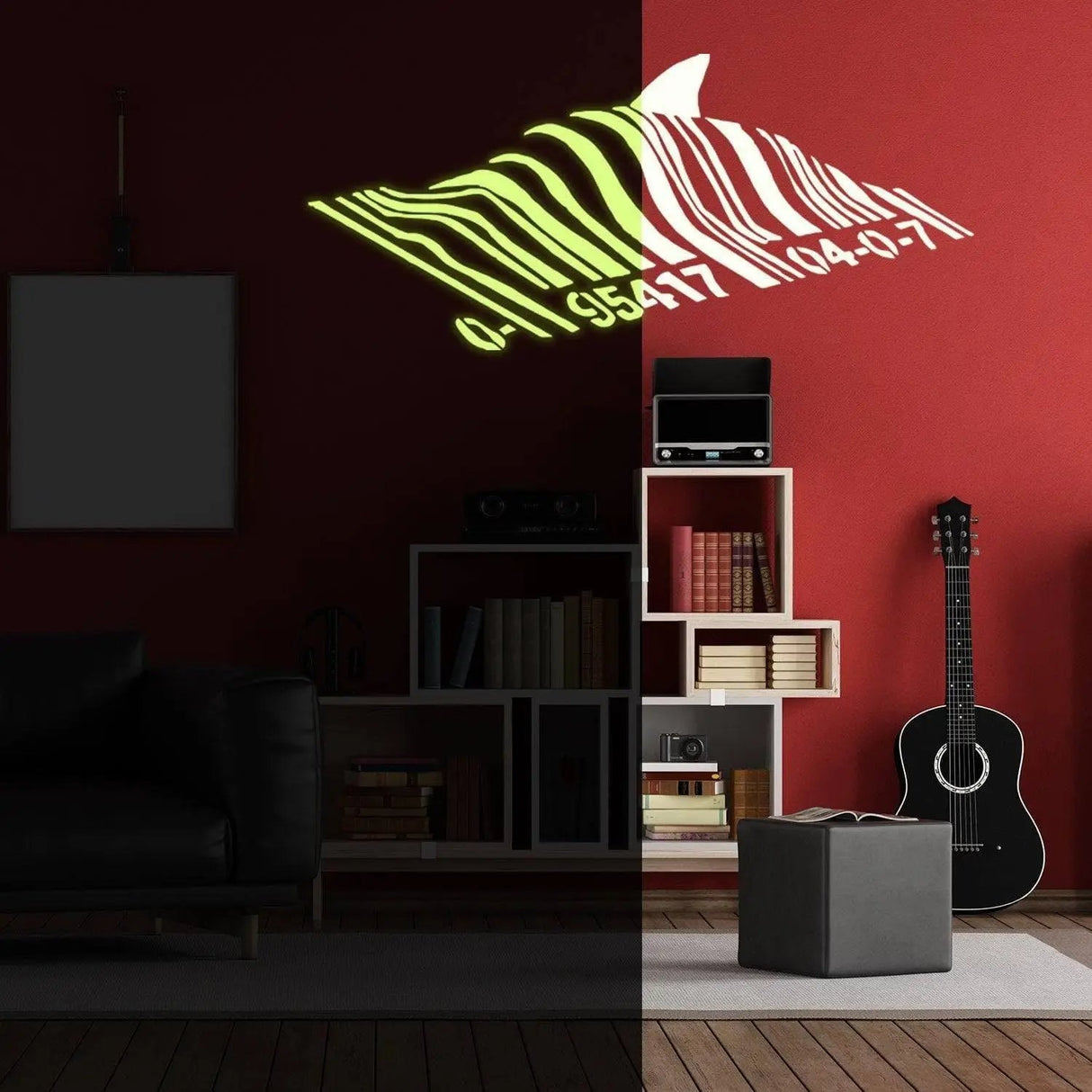 Luminous shark wall decal glowing on a red wall, creating an enchanting underwater theme in a modern living room.