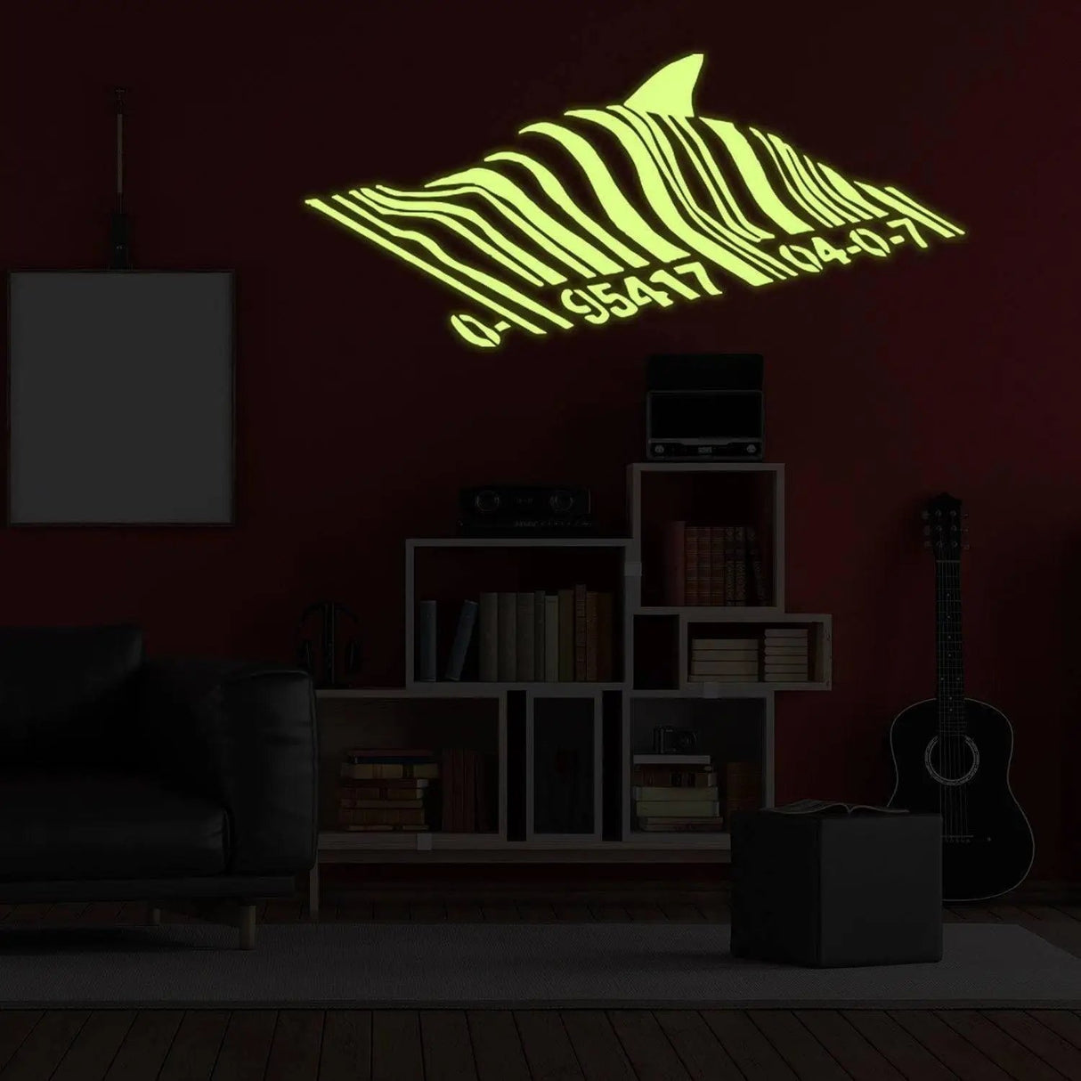 Glow in the dark shark wall decal with barcode design, illuminating a dark room with an underwater theme.