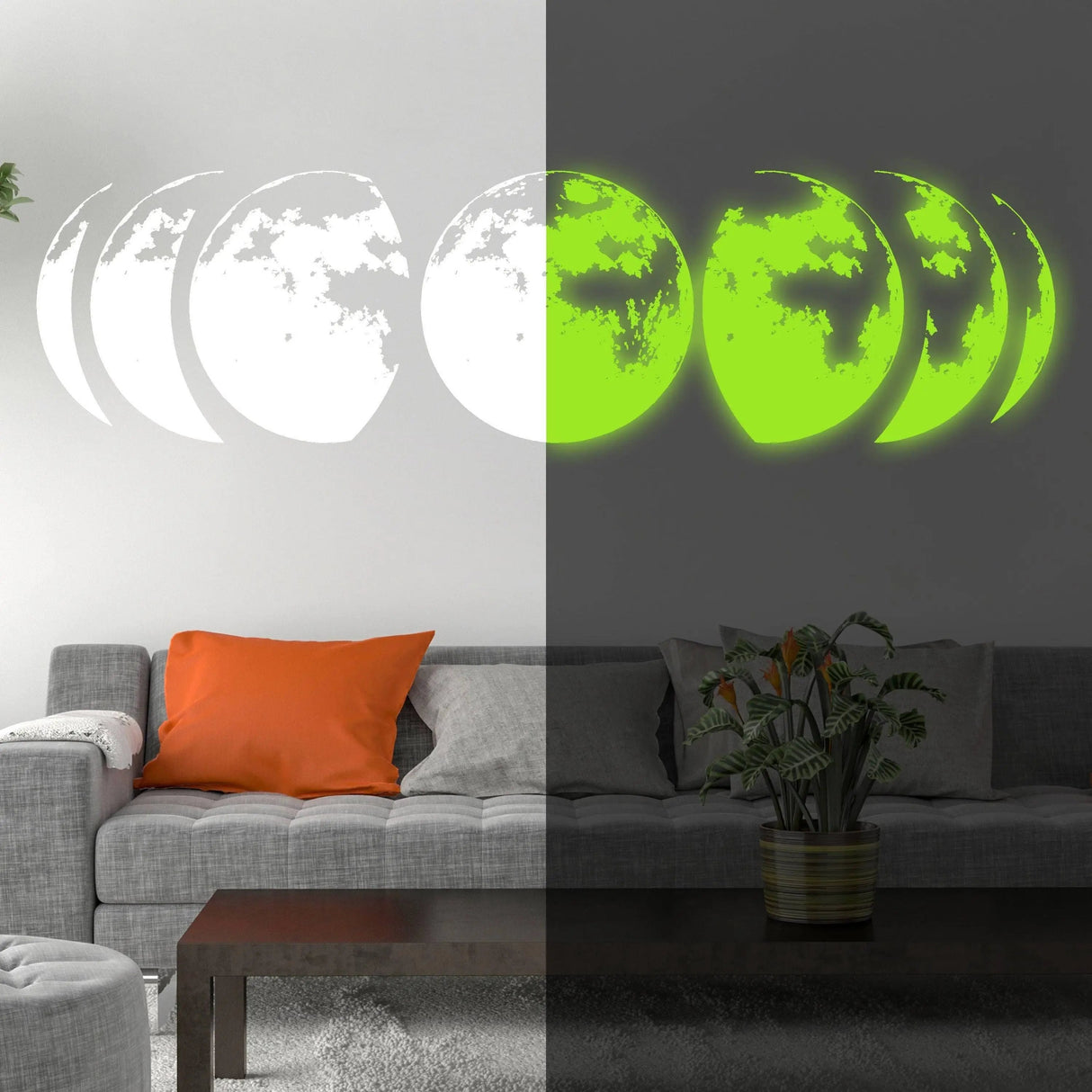 Lunar Glow Wall Art showcasing moon phases glowing in the dark above a stylish living room couch.