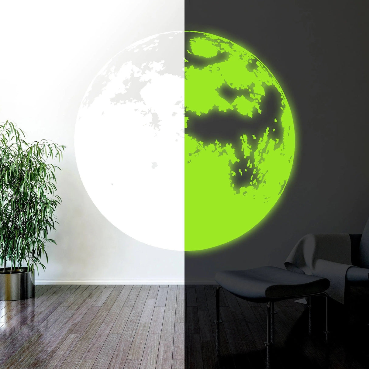 Glowing Moon Wall Decor showing bright luminescent effect in a stylish room with plant and modern furniture.