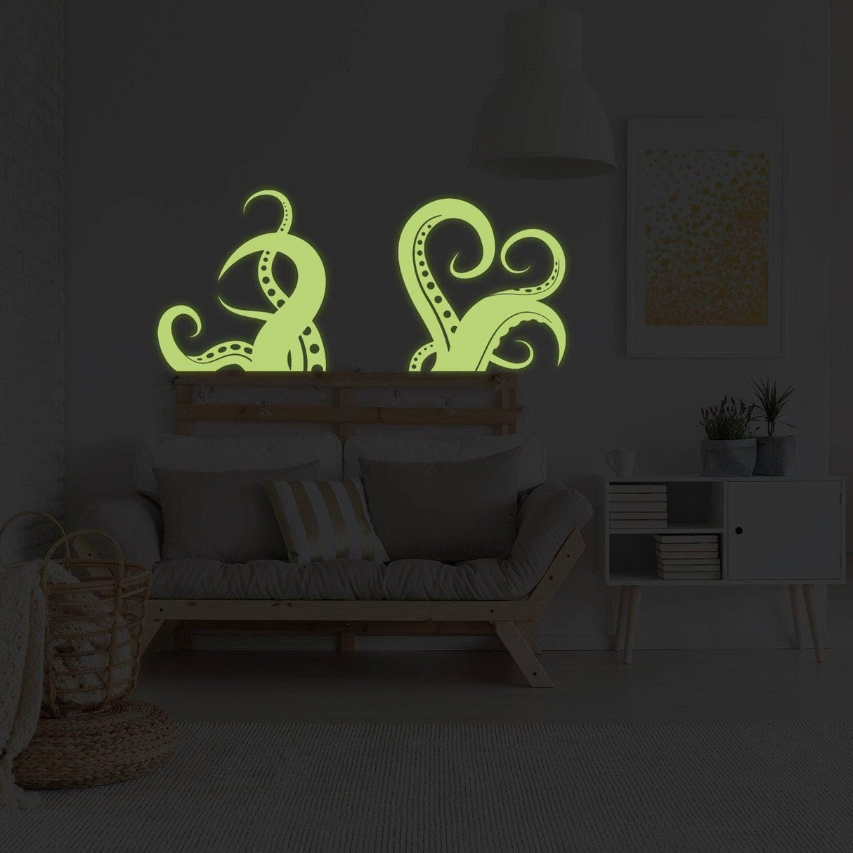 Glowing octopus tentacle wall decals in a cozy living room, perfect for ocean-themed home decor.