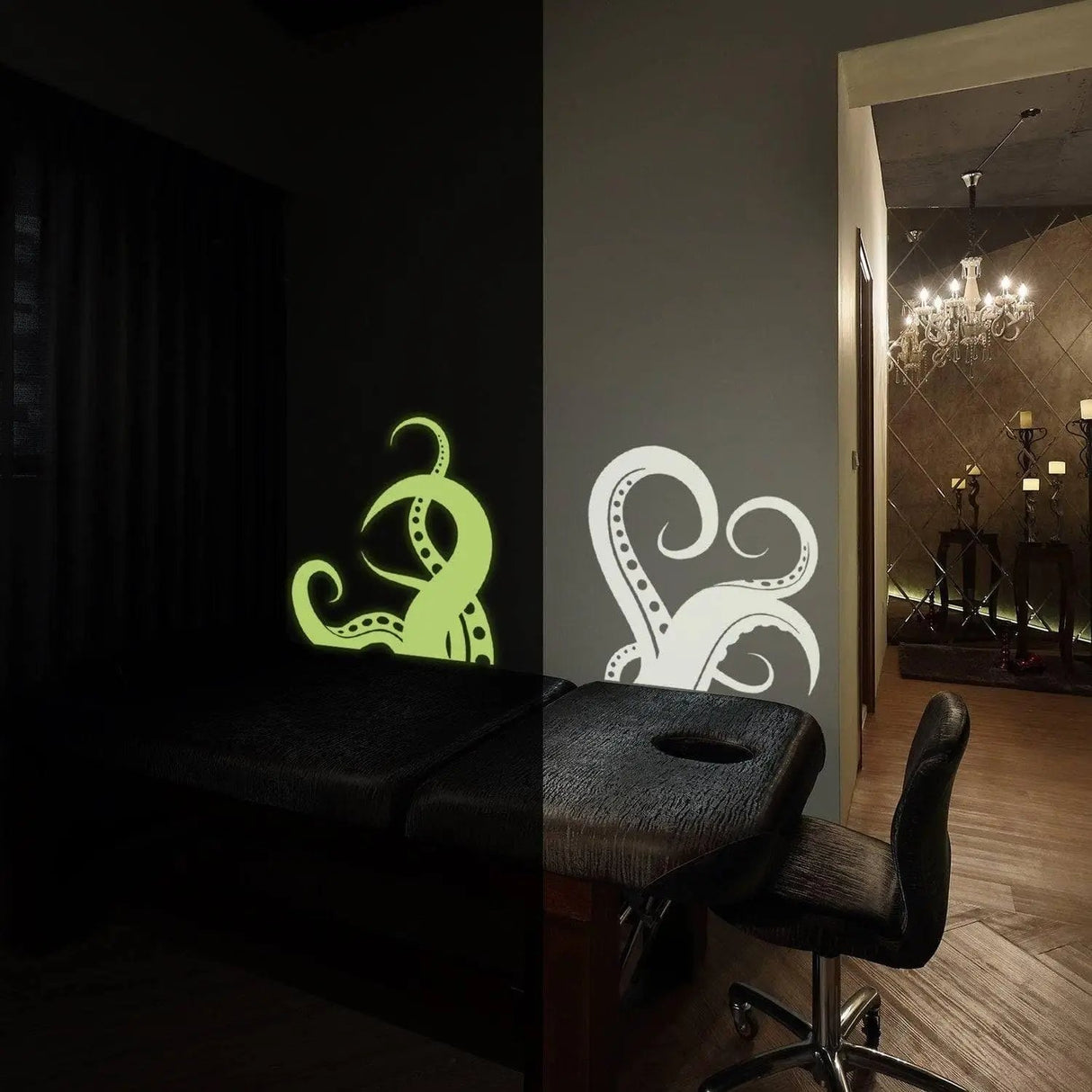 Glowing octopus tentacle wall sticker in dark room, highlighting enchanting ocean-themed decor for home.