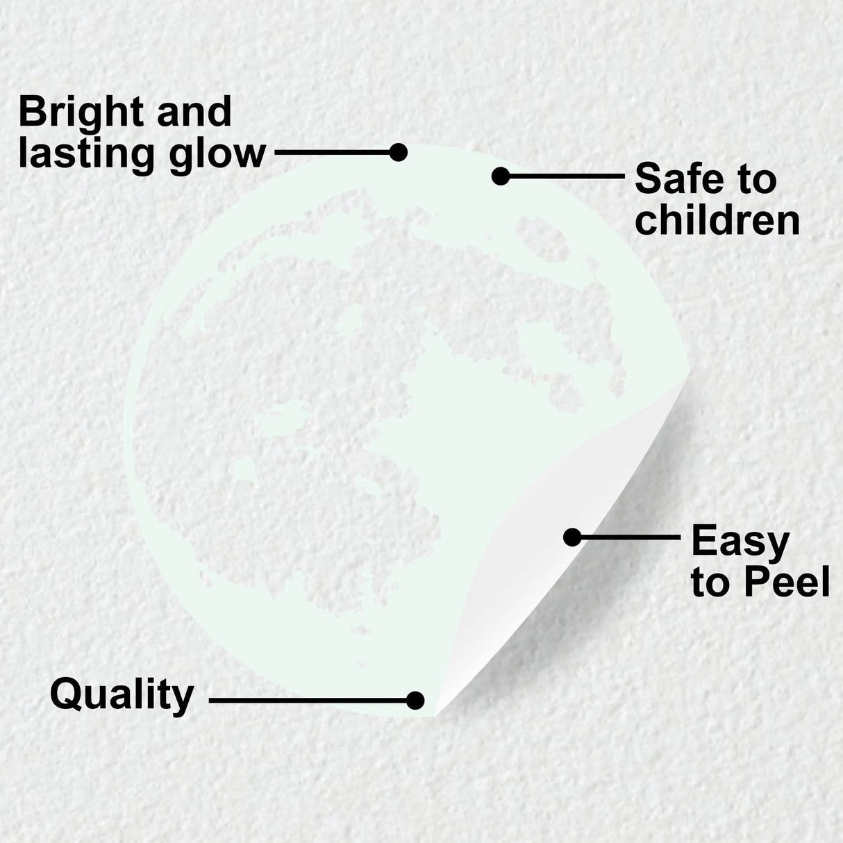 Bright and lasting glow moon decal features, safe for children, easy to peel, high quality vinyl design.