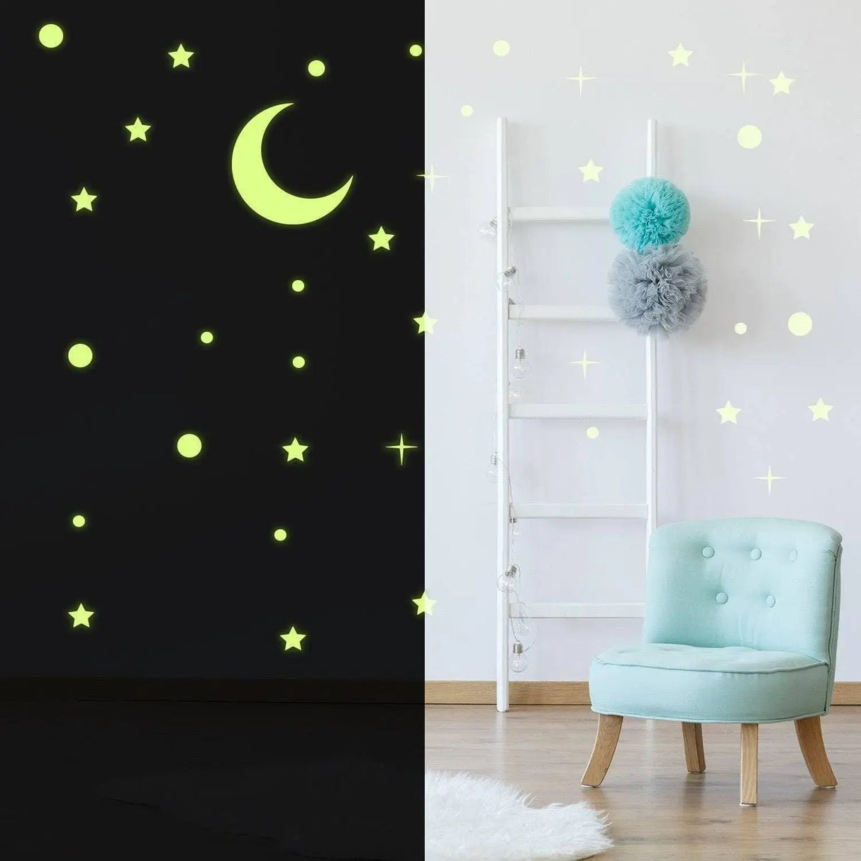 Glow in the dark star and moon stickers on a wall, luminescent ceiling decor for a magical night sky effect.