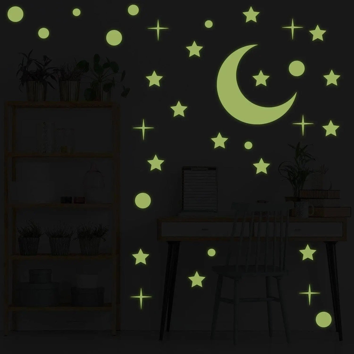 Glow in the dark star and moon ceiling decals creating a starry night effect in a cozy room.