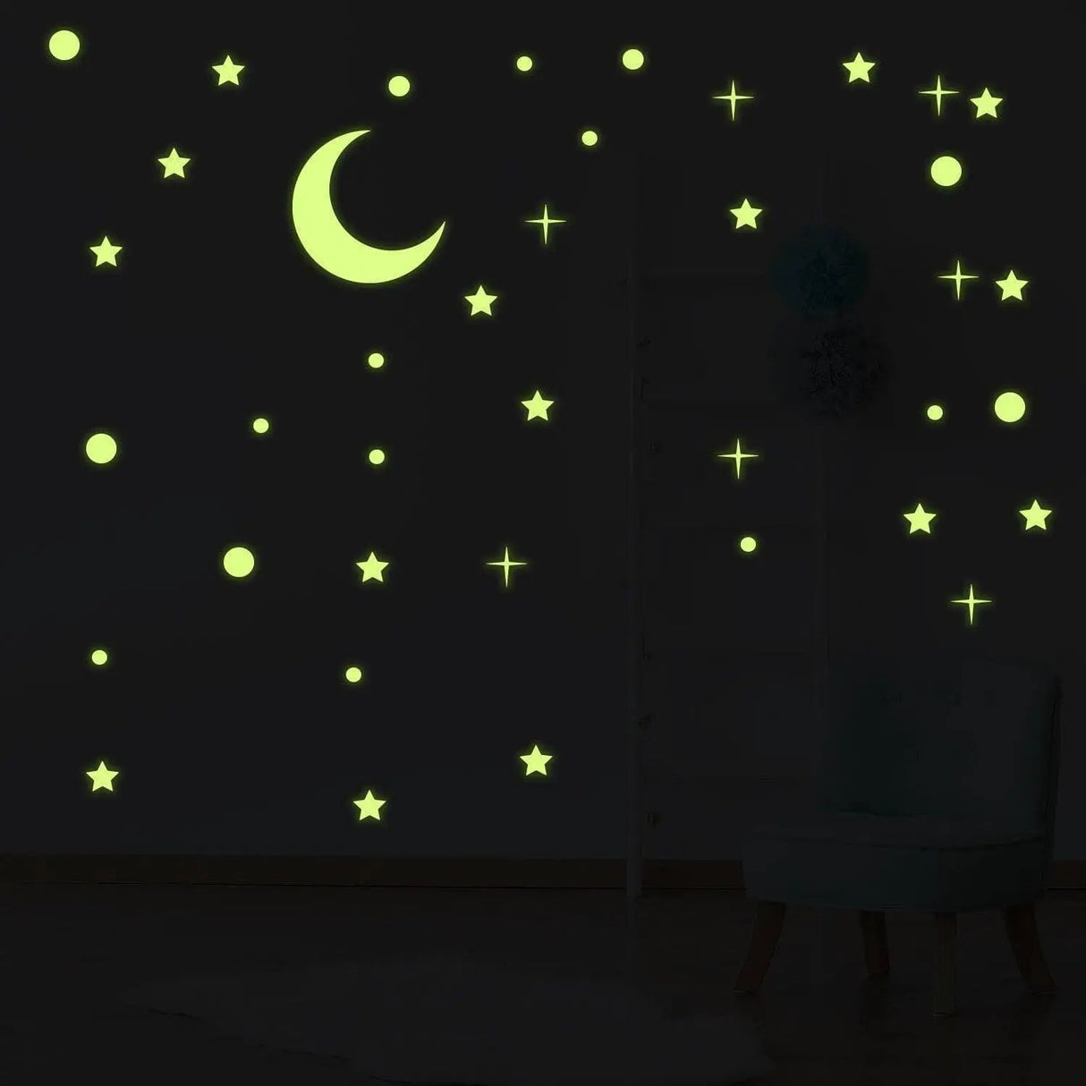 Glow in the dark star and moon wall decals, creating a magical night sky effect for children's rooms.