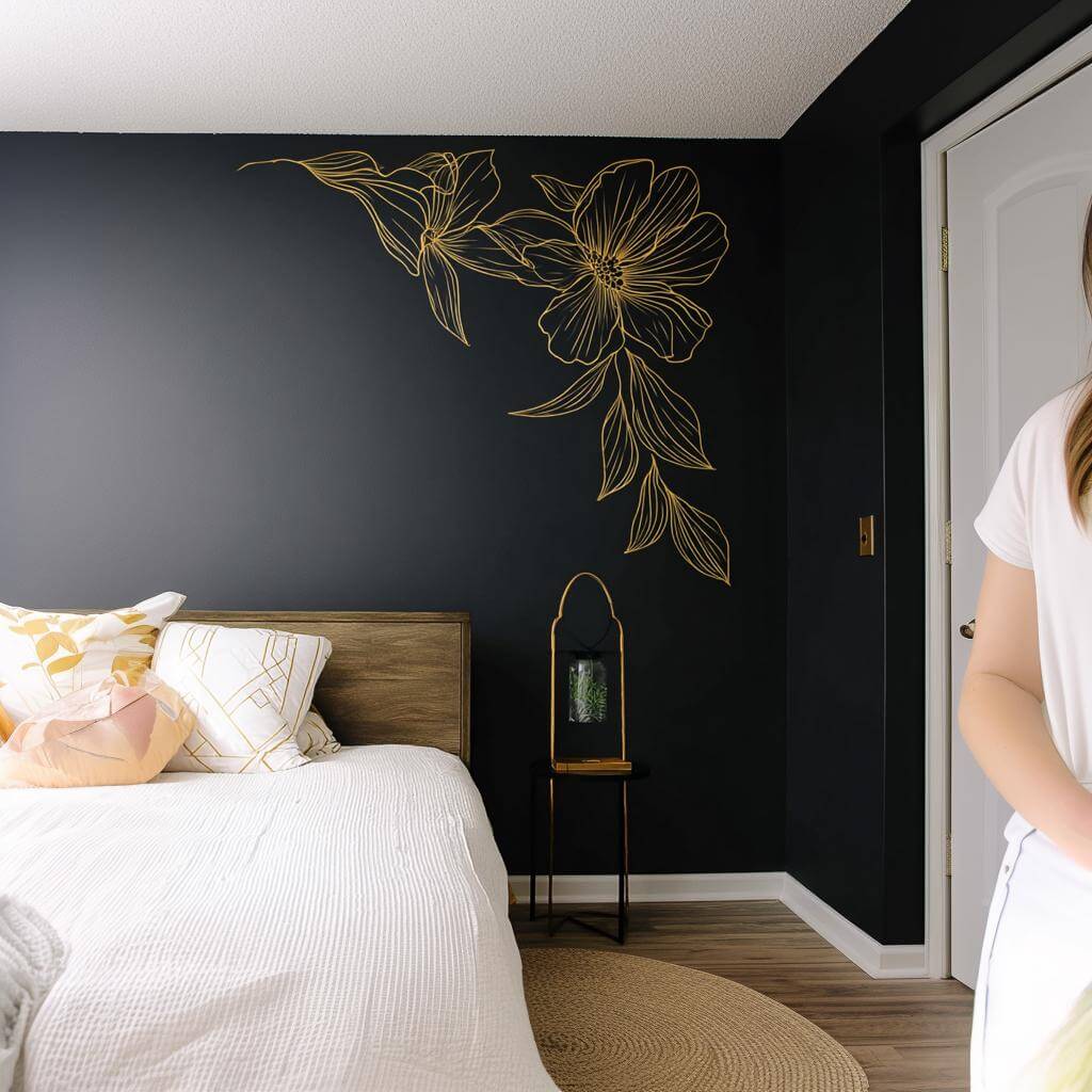 Gold floral corner wall decal on dark wall in modern bedroom, accentuating minimalist decor with elegant line art.