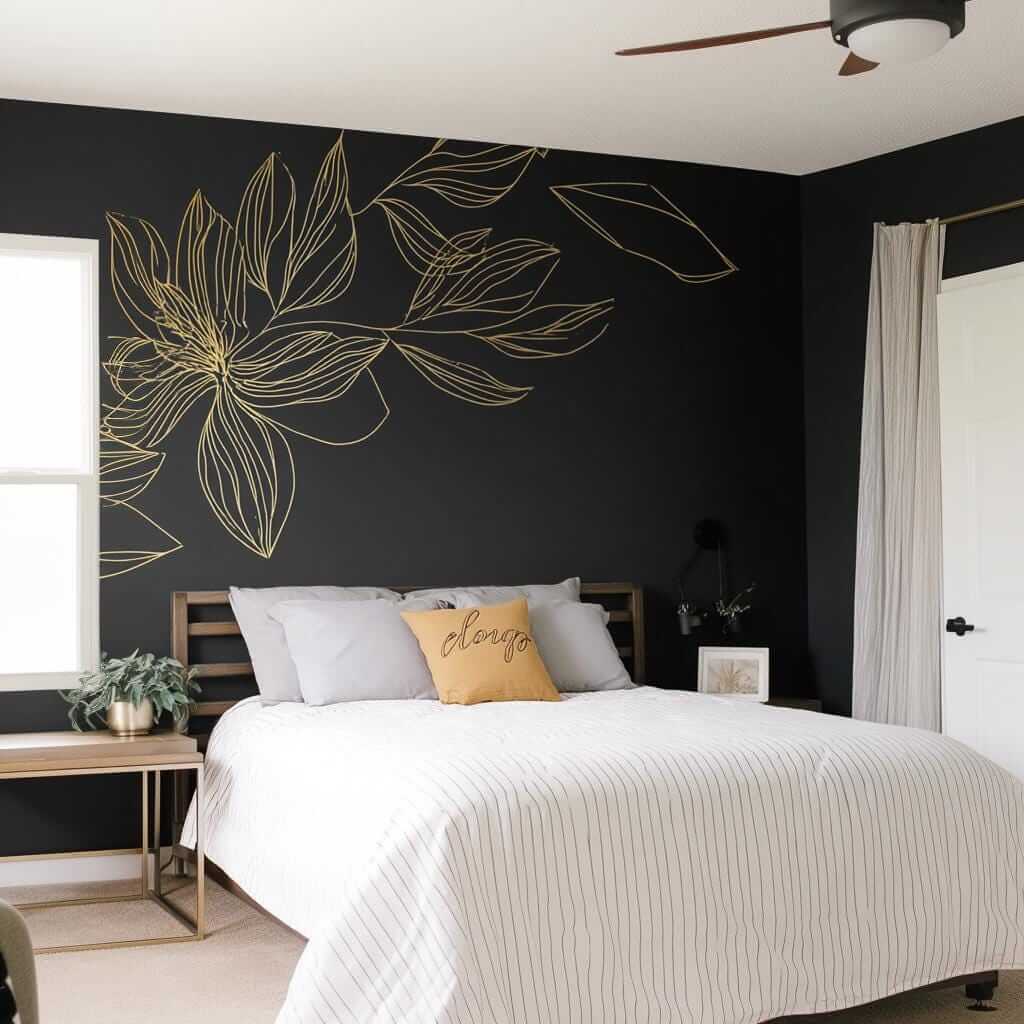 Gold flower wall decal on black wall in modern bedroom, elegant line art design above the bed.