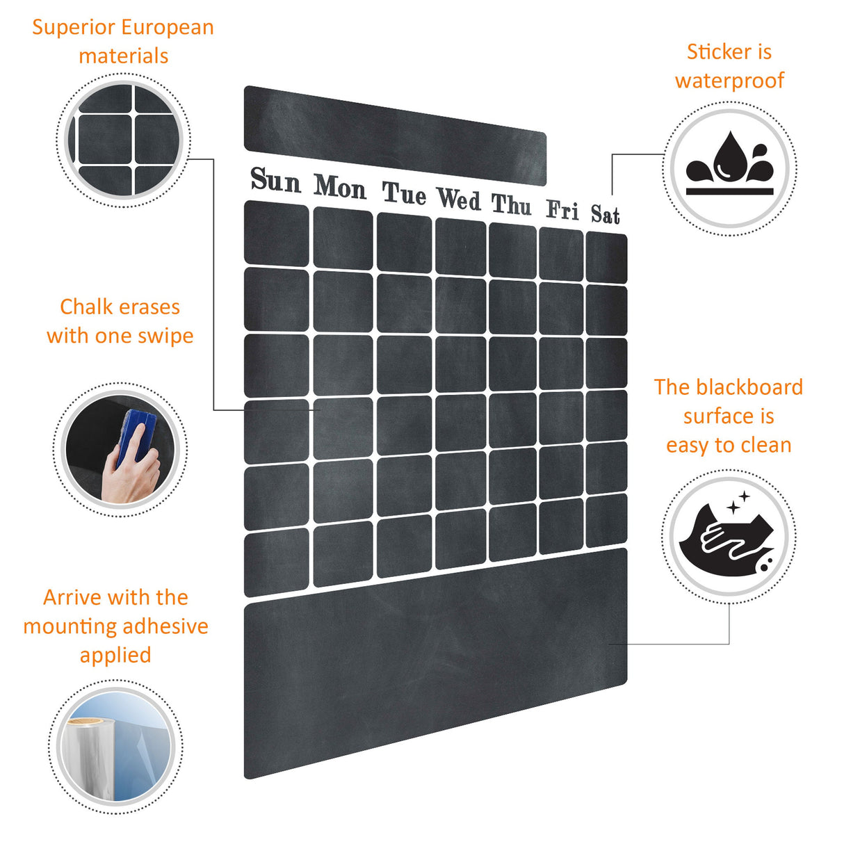 Large black chalkboard wall decal with days of the week, easy to clean, waterproof, and ready to use.