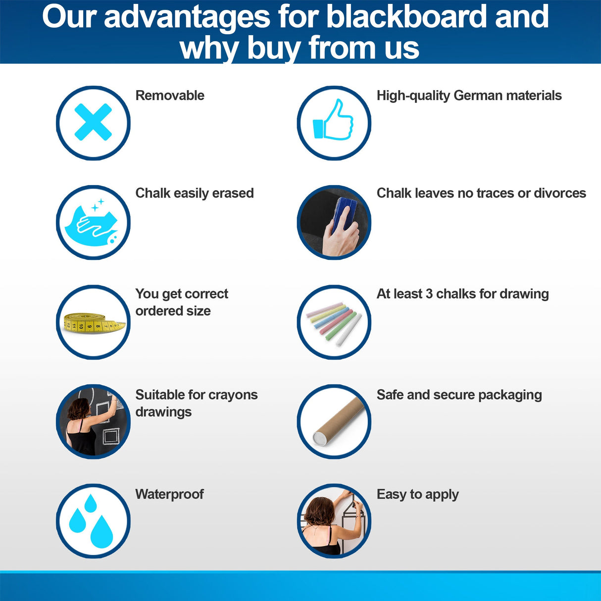 Features and benefits of our chalkboard wall decal, highlighting removability, high-quality materials, and easy application.