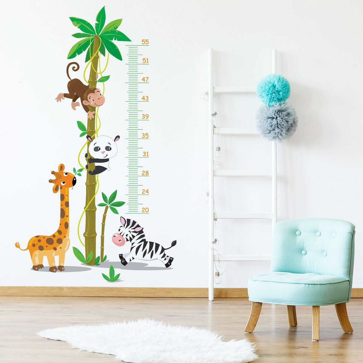 Colorful growth chart wall art featuring animals and a measurement ruler for kids' nursery decor.