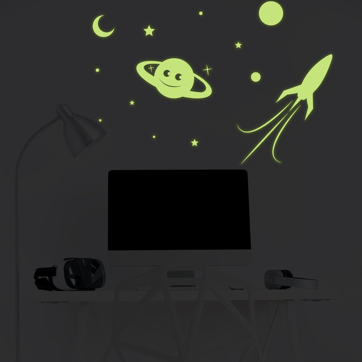 Glowing Planet Rocket, Stars, Moon Ceiling Sticker - Glow in the Dark Wall Decal