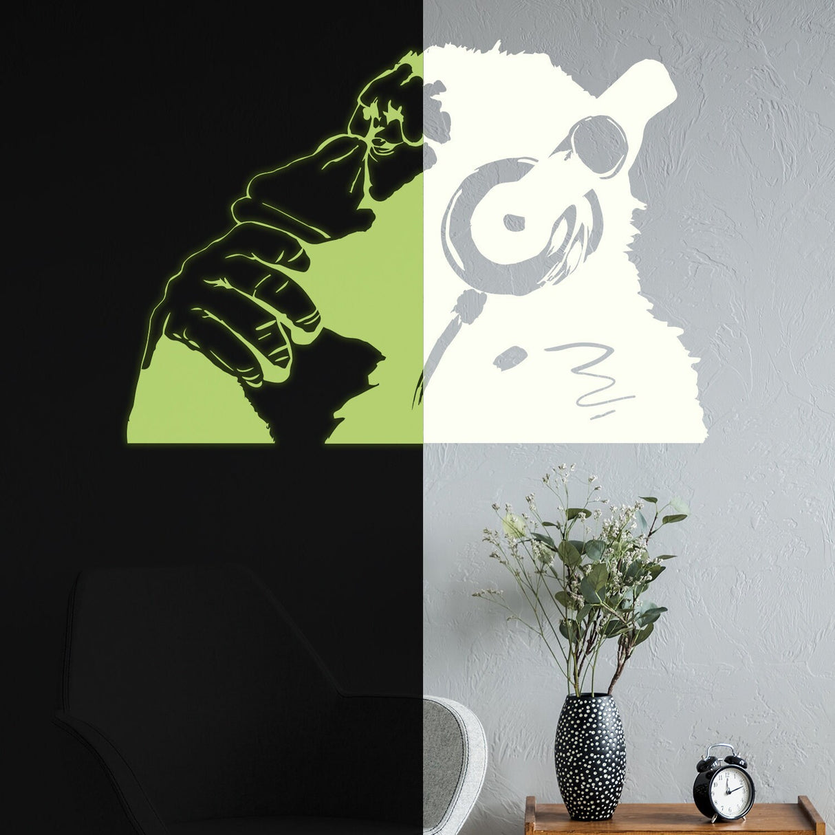 Banksy Glowing Vinyl Wall Decal Monkey With Headphones - Glow in Dark Chimp Listening to Music Earphones