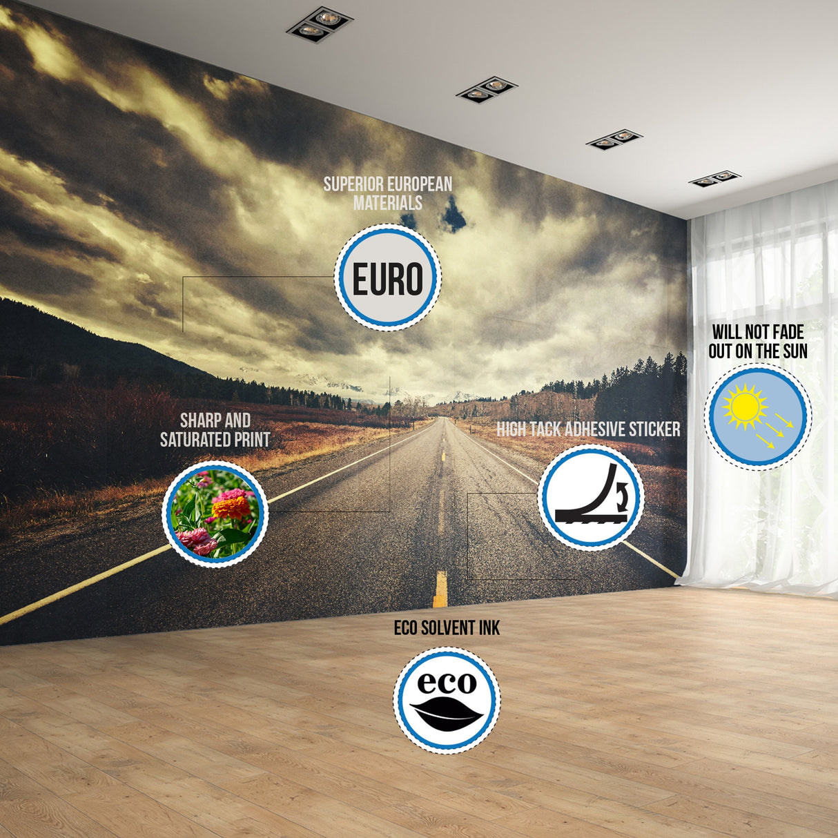 Stunning wall mural of a scenic road with features highlighting eco-friendly materials and vibrant printing options.