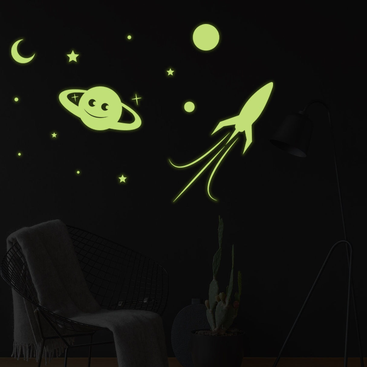 Glowing Planet Rocket, Stars, Moon Ceiling Sticker - Glow in the Dark Wall Decal