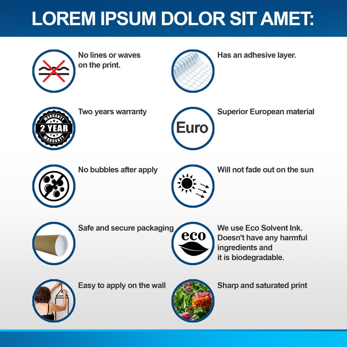 Infographic detailing features of wallpaper stickers: no bubbles, easy application, eco-friendly, durable material, and warranty.