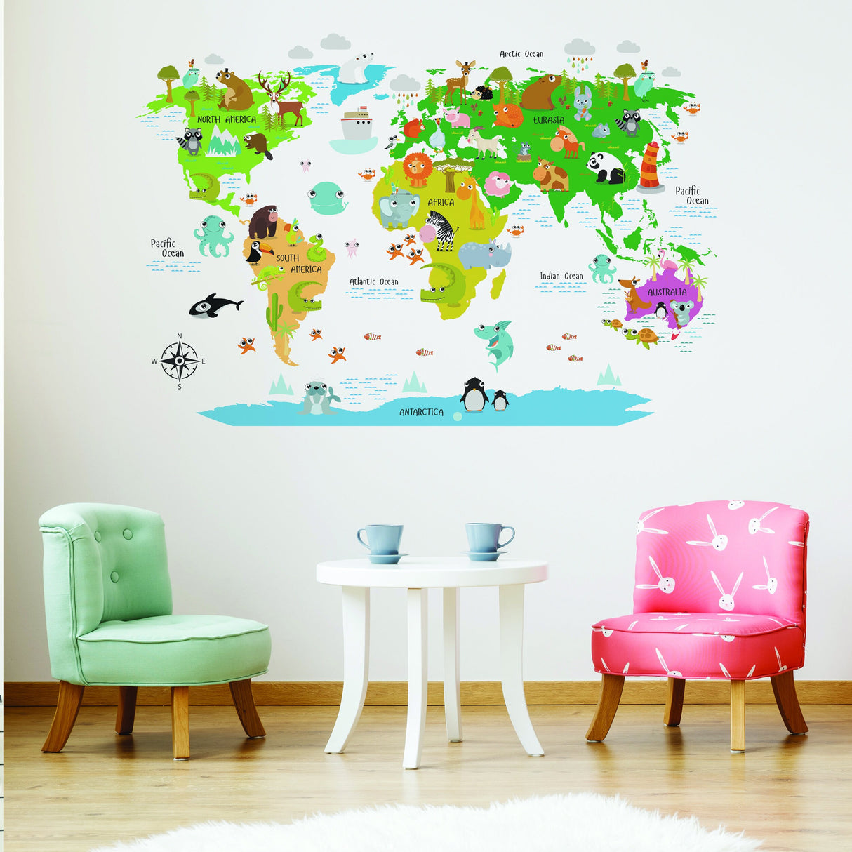 Kids World Map Wall Decal - Country Animal Room Decor Vinyl Sticker For Nursery