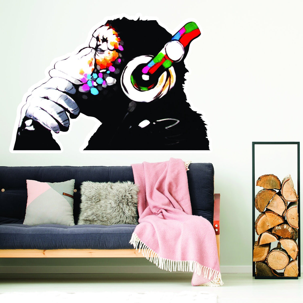 Banksy Monkey With Headphones Wall Sticker - Large Bansky Thinking Dj Chimp Vinyl Decal