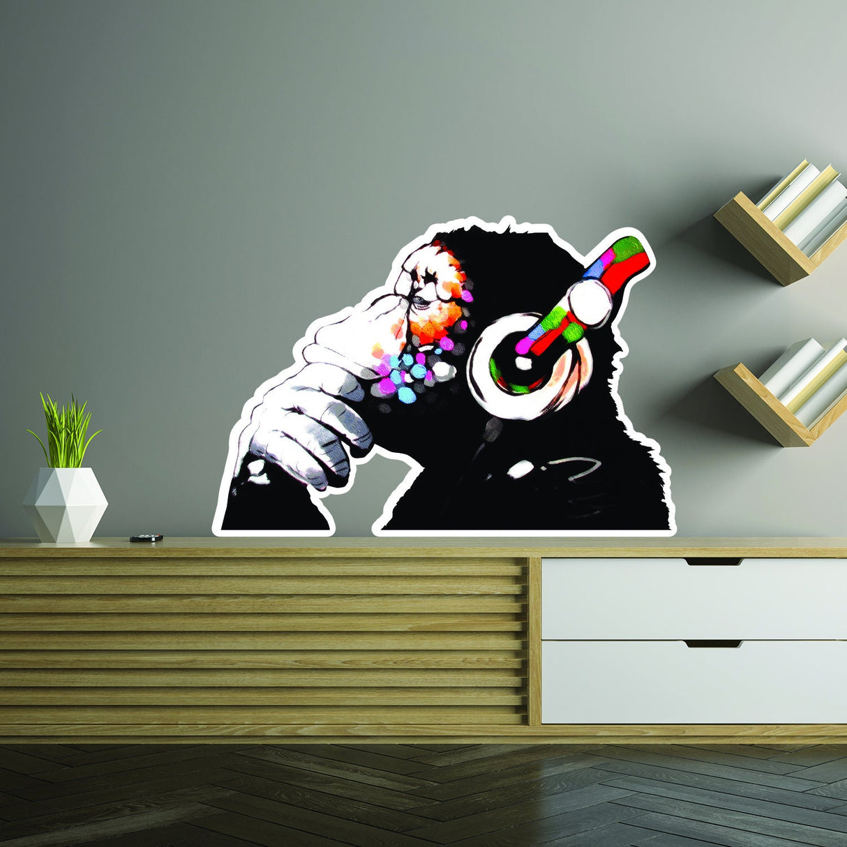 Banksy Monkey With Headphones Wall Sticker - Large Bansky Thinking Dj Chimp Vinyl Decal